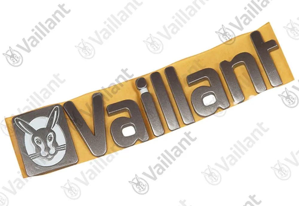 Vaillant Firmenschild mit 3D-Logo und Schriftzug, in silberner Farbe auf gelbem Hintergrund, zur Anbringung als Kennzeichnung oder Markenzeichen.